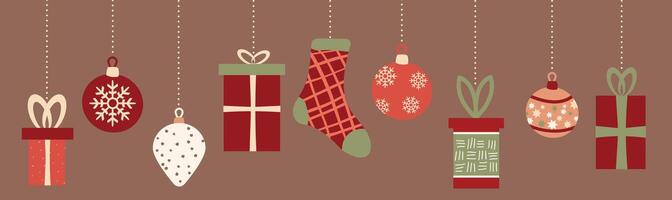 conjunto de Navidad árbol juguetes y decoración. ilustración en plano estilo. temporada decoración, Navidad y nuevo año celebracion, íconos aislado en marrón antecedentes. diseño modelo. vector