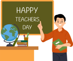 back to school child teachers day illustration with teachers stand pose front on the blackboard png