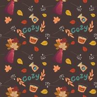 Seamless pattern with leaves, vase, candles, cozy. Perfect for wallpaper, gift paper, pattern fills, web page background, autumn greeting cards. Pattern in swatches. vector