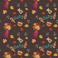 Seamless pattern with leaves, vase, candles, cozy. Perfect for wallpaper, gift paper, pattern fills, web page background, autumn greeting cards. Pattern in swatches. vector