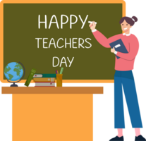 femme prof écrire content enseignants journée sur le tableau noir ou enseignants journée plat conception dessin animé illustration png