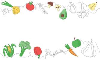 Simple outline and colored frame with Fruits, Vegetables and empty space for text. Background. One line art Style. Frame with organic food. Can be also used like Banner, Flyer, Texture vector