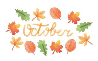 mano escrito cepillo de moda citar octubre. otoño letras con esquivar mano dibujado hojas. póster, volantes, folleto, web, publicidad vector