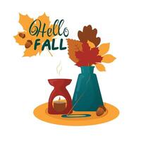 A bouquet of fallen autumn different leaves of different colors in a vase. illustration. Elements for the design of autumn cards. Atmospheric an autumn mood vector