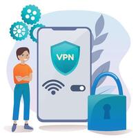 la seguridad cibernética y virtual privado red concepto. persona utilizando vpn para teléfono inteligente con vpn signo. los usuarios proteger personal datos con vpn servicio. ilustración en dibujos animados estilo. vector