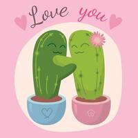 un linda par de amoroso cactus en un dibujos animados estilo. cactus abrazo ilustración. diseño de un saludo tarjeta o póster para san valentin día. vector