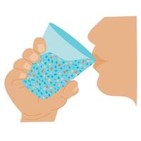 Micro plastic pollution concept. Person drinking water with microplastics. Environmental pollution by toxic waste. Toxic pieces in glass of water. illustration isolated on white background. vector