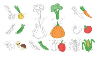 Set of vegetables in continuous line art drawing style. Vegetables minimalist black linear sketch and colored sketch isolated on white background. illustration vector