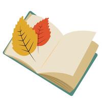 Book with autumn orange and yellow leaves isolated on white background. illustration in flat style. Illustration for web design, banner, flyer, invitation, card. vector