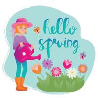Hello Spring illustration. Season lettering with girl with watering can. Girl watering flowers. Illustration in cartoon style. vector