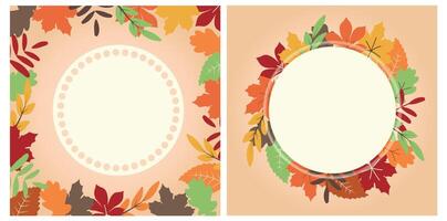 plantillas para tarjetas con diferente otoño hojas. tarjeta con hojas en plano estilo en naranja antecedentes con espacio para texto y letras. ilustración. vector