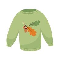 Flat illustration of cozy warm pullover, sweatshirt. Unisex knitted warm clothing, Green Long Sleeve. Flat style design, isolated . Seasonal warm, cozy clothes, handicraft, knitwear. vector
