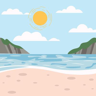Tropical landscape of coast beautiful sea shore beach on good sunny day. illustration in flat style for poster, party holiday invitation, festive banner, card.