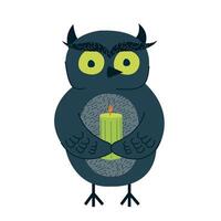 Funny owl holding candle, halloween concept, flat illustration in handdrawn style for banner, flyer, invitation, poster and design. vector