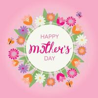 contento madres día saludo tarjeta con florecer flores tarjeta con flores y hojas en rosado antecedentes con espacio para texto, letras y mariposas vector