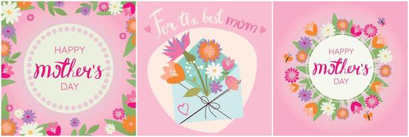 Happy Mother's day. Greeting card set with beautiful flowers and hearts on pink background. Banner or poster design template for mom's holiday vector