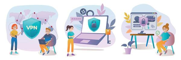 Cybersecurity set. Virtual private network,strength password, personal data protection. illustration in cartoon style. vector