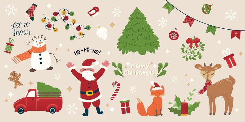 Christmas elements set with Santa character, fox, Christmas tree, gifts, abstract Christmas and New Year decor, balls, snowflakes, deer, snowman, bird. illustration in flat style.