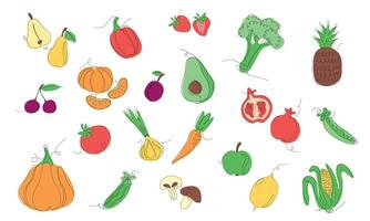 conjunto de frutas, bayas y vegetales en continuo línea Arte dibujo estilo. frutas y vegetales minimalista negro lineal bosquejo y de colores bosquejo aislado en blanco antecedentes. ilustración vector