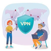 la seguridad cibernética y virtual privado red concepto. personas utilizando vpn para computadora, teléfono inteligente con vpn signo. los usuarios proteger personal datos con vpn servicio. ilustración en dibujos animados estilo. vector