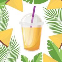 piña jugo o cóctel en el plastico taza con esfera Hazme gorra y cóctel tubo. Fresco exprimido jugo. sano orgánico alimento. ilustración en blanco antecedentes y marco con tropical hojas. vector