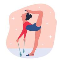 Cute girl practicing rhythmic gymnastic with clubs. Colorful illustration isolated on white background. Cartoon design for t shirt print, poster, icon, card, logo, label, banner or sticker. vector