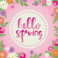 Hello spring card with decorative floral frame, illustration, decorative florid background with copy space vector