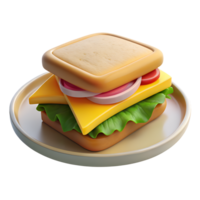 Sandwich on a plate with sausage, tomatoes, cheese and salad leaves. 3D fast food icon on transparent background png