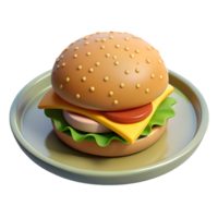 3D icon of a burger on a plate. Juicy fast food burger with lard cheese and tomatoes png