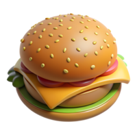 3D icon of a burger. Juicy fast food burger with lard cheese and tomatoes png