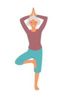 mayor mujer haciendo yoga. antiguo mujer hace Mañana yoga o respiración ejercicios. aislado ilustración. mental salud concepto. vector