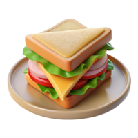 Sandwich on a plate with sausage, tomatoes, cheese and salad leaves. 3D fast food icon on transparent background png
