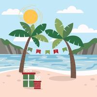 Palm tree on tropical beach with christmas decoration and gifts. Sample of poster, party holiday invitation, festive banner, card. cartoon illustration. vector