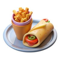 burrito en Patat Aan een bord. 3d snel voedsel icoon Aan transparant achtergrond png