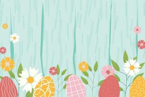 Easter background for banner, template. Trendy Easter design with flowers, eggs, in pastel colors with wooden texture on background. Flat illustration. vector