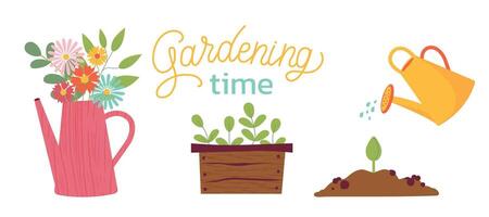 Gardening time set of illustration. Watering can, plants, vegetables, sprout. Spring gardening concept. illustrations on white background for poster, icon, card, logo, label vector