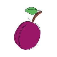 Plum in continuous line art drawing style. One plum minimalist black linear sketch with colored spots isolated on white background. illustration vector