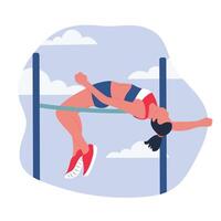 Athletic woman jumping over bar. Sports competition and high jump concepts. Female track and field athlete. Flat illustration isolated on white background. vector