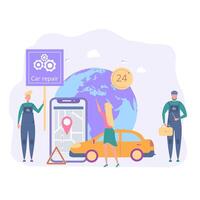 Mechanic repairing a car. Departure of a specialist at the place of car breakdown. Auto service, roadside service and assistance, car hotel, car repair, round-the-clock assistance. Colorful vector