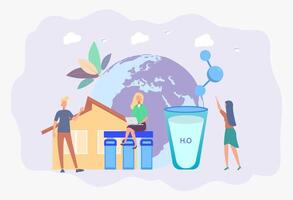 People drink purified water. Water filtration system, water purification at home, water delivery service concept. Colorful illustration vector