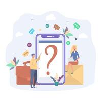 People are asking questions. Concept company asks people about the quality of services received. Question answer. Frequently asked Questions. Colorful illustration. vector