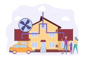 People in the house with an air ventilation system. Ventilation system, ventilation with energy recovery, the concept of cleaning the ventilation system. Colorful illustration vector