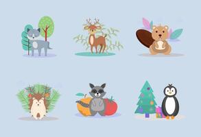 animales lobo, ciervo, castor, mapache, pingüino y erizo. vistoso ilustración vector