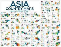 Set of maps of the countries of Asia. Image of global maps in the form of regions regions of Asia countries. Flags of countries. Timeline infographic. Easy to edit vector