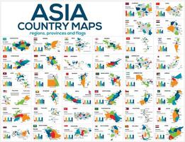 Set of maps of the countries of Asia. Image of global maps in the form of regions regions of Asia countries. Flags of countries. Timeline infographic. Easy to edit vector