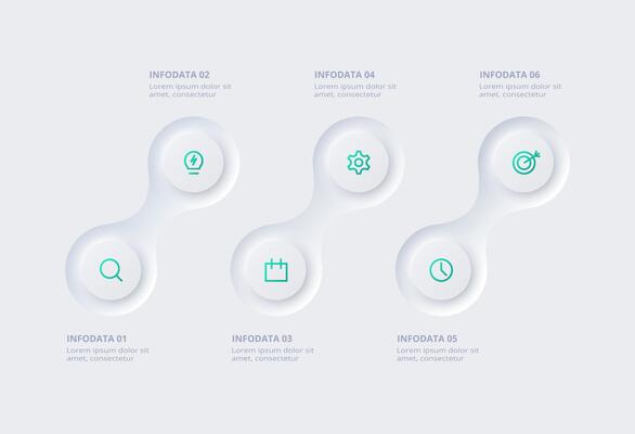Neumorphic flowchart infographic. Creative concept for infographic with 6 steps, options, parts or processes. Template for diagram, graph, presentation and chart.