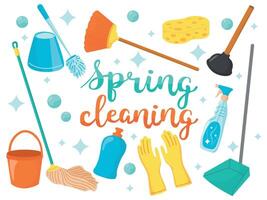 Spring cleaning concept. Set with cleaning supplies, bottles, brush, spray, sponge and gloves. Housework concept. Various Cleaning items. Isolated illustrations. vector