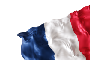Realistic flag of France with folds, on transparent background. Footer, corner design element. Cut out. Perfect for patriotic themes or national event promotions. Empty, copy space. 3D render png