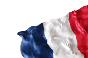 realista bandeira do França com dobras, em transparente fundo. rodapé, canto Projeto elemento. cortar fora. perfeito para patriótico temas ou nacional evento promoções. vazio, cópia de espaço. 3d render png