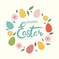 Happy Easter banner, poster, greeting card. Trendy Easter design with lettering, flowers, eggs, in pastel colors on beige background. Flat illustration. vector